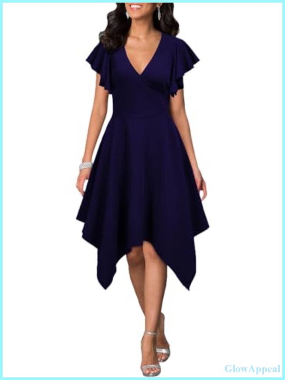 Deep V Neck Asymmetrical Hem A Line Cocktail Dress Sleeveless Party